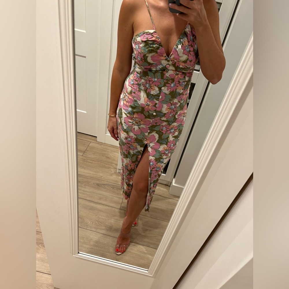 Zara pink and green floral dress with front slit and cutout back size S